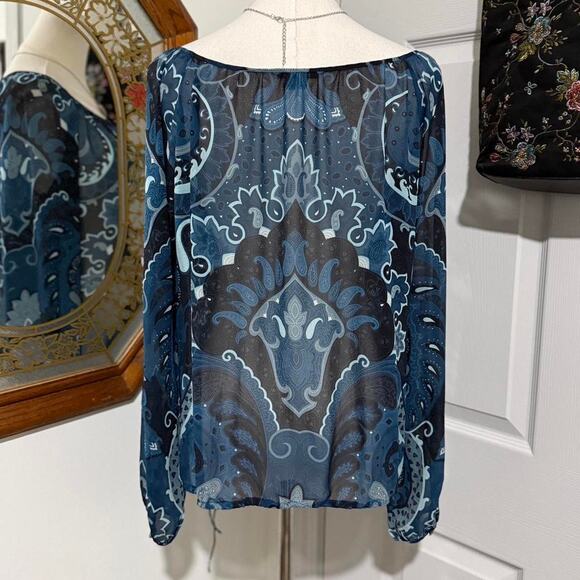 Theory Blue & Black Sheer 100% Silk Boho Paisley Pattern Long Sleeve Top M - Picture 5 of 8